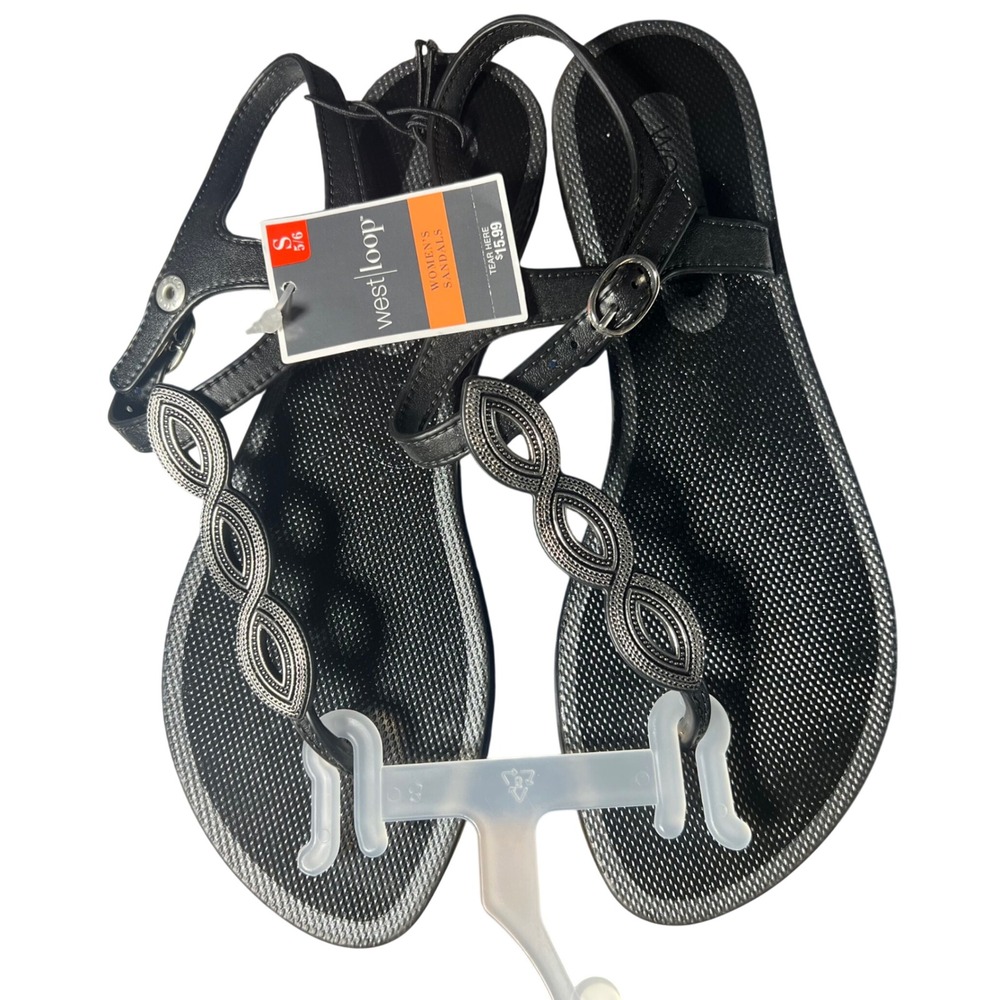 West Loop Womens Black Jelly Sandals T-Strap Buckle Flat Shoes Small 5/6 NEW